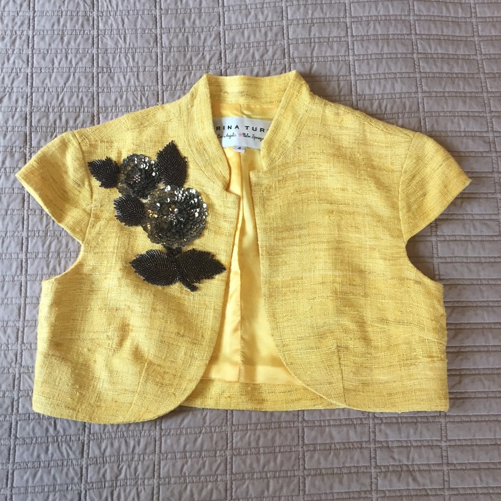 Trina Turk Yellow Silk Bolero with Sequined Flower